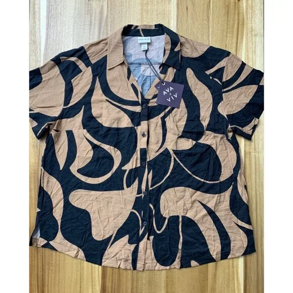 Ava & Viv Womens Plus Size Black & Tan Abstract Button-Front Shirt Size XXL - Picture 2 of 11